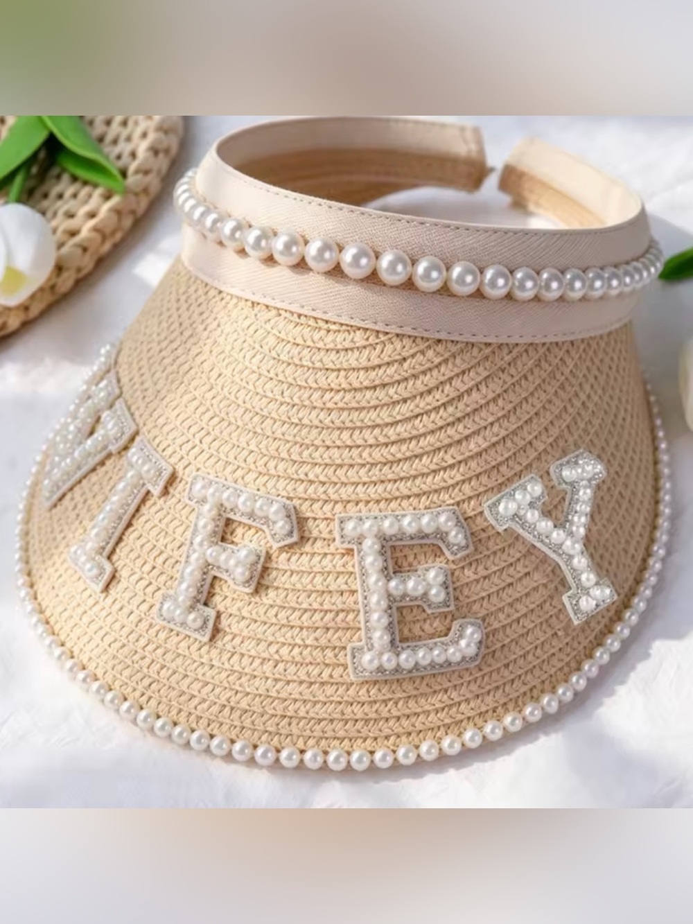 Macy's Cream Pearl-Trim Straw Visor